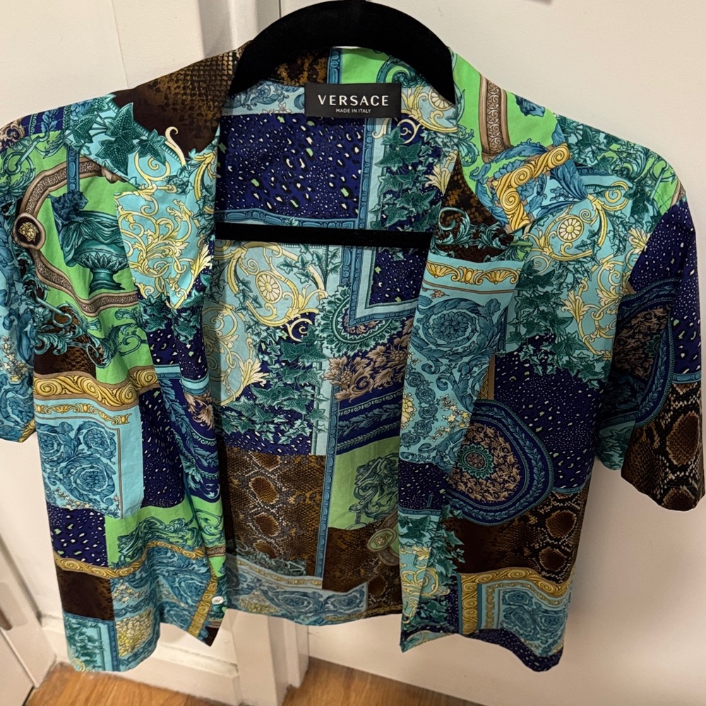Versace Multicolor Patchwork Silk Button-Up Shirt — Blue, Green & Gold Accents
